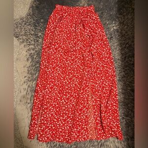 Bright red floral maxi skirt with slits